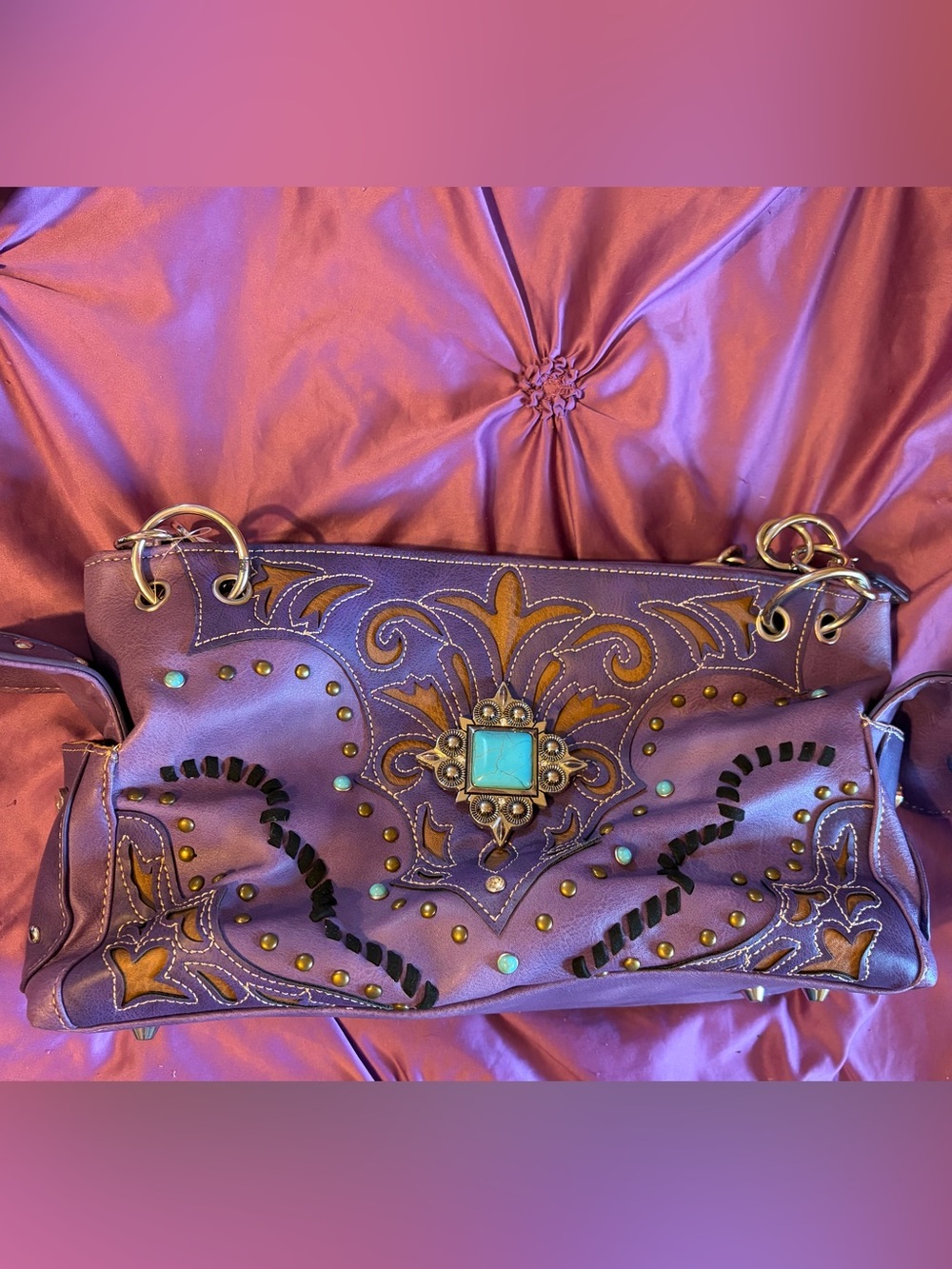 Purple Embroidered Leather Shoulder Bag with Turquoise Accent